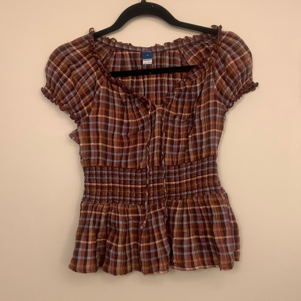 Plaid short sleeve peplum top